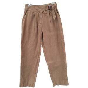 FRNCH Paris Belted Paperbag Pleated Dressy Comfort Pants Tan 100% Cotton Size M